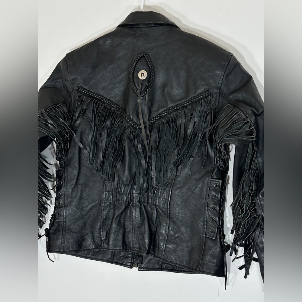 Fringed Black Leather Motorcycle Jacket Vintage Biker Women Medium 1990s Western - Picture 6 of 15